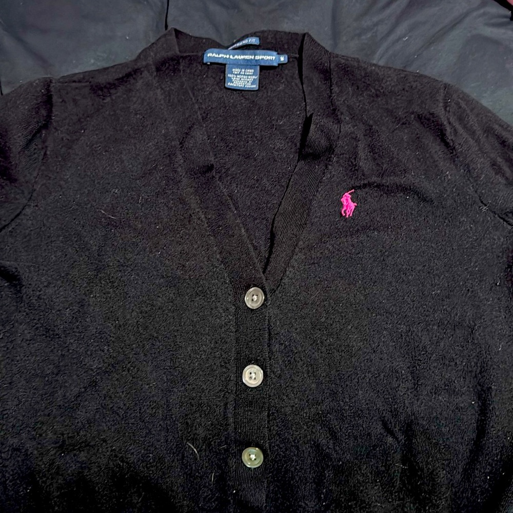 Ralph Lauren Sport Size Medium Merino Wool Black Boyfriend Fit Cardigan Sweater